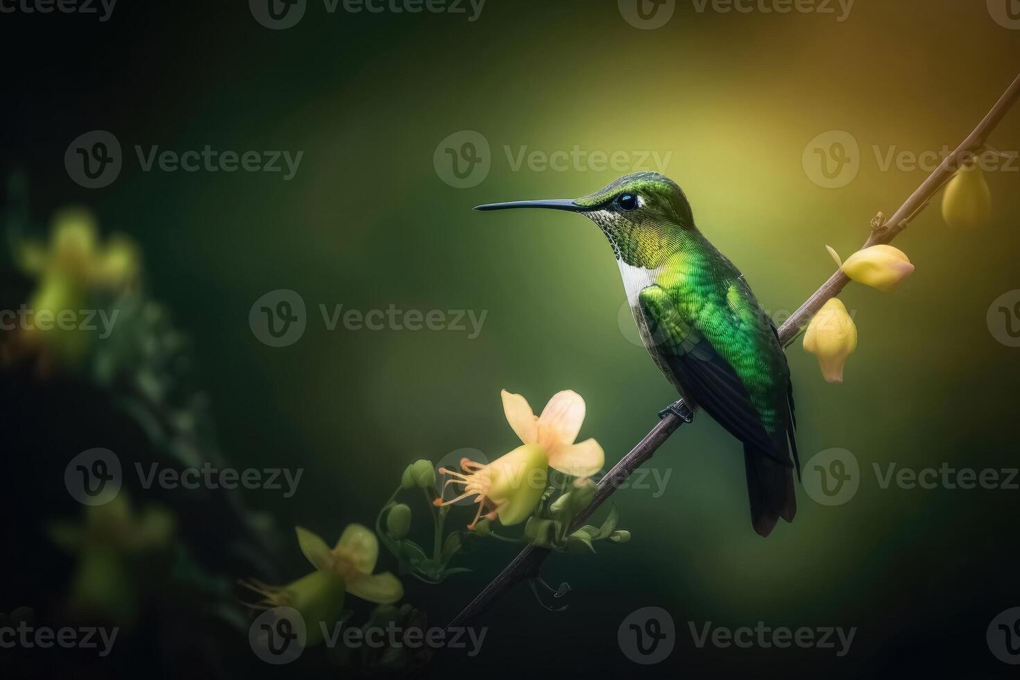 Portrait of a Green Hummingbird on a Flower created with technology. photo