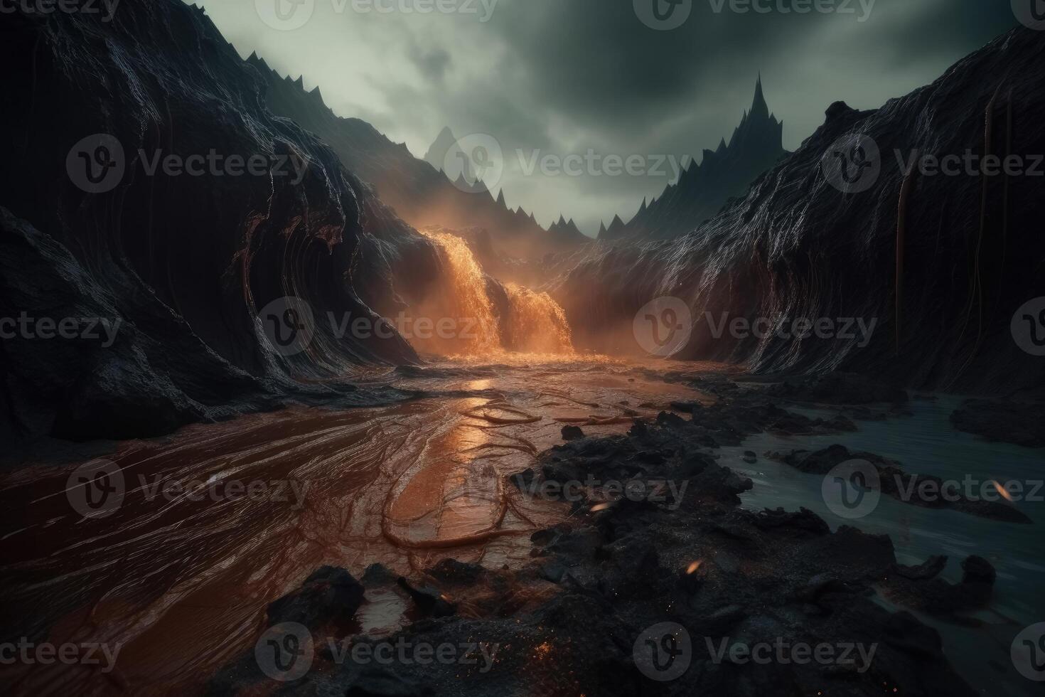 A waterfall of liquid metal in an apocalyptic landscape created with technology. photo