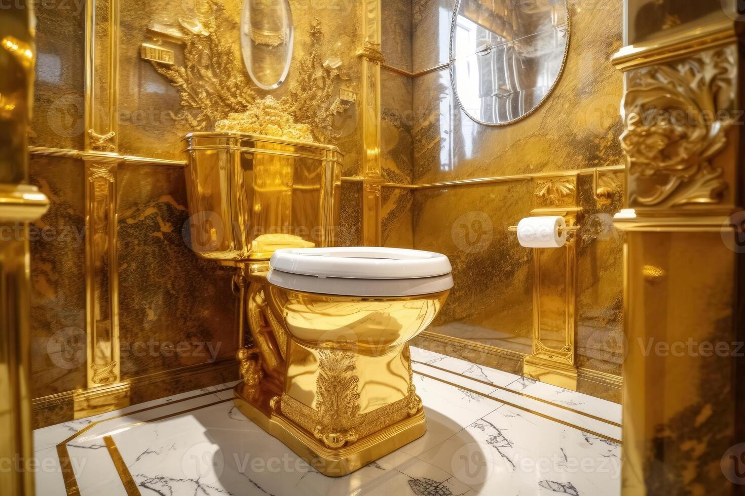 A luxurious toilet made of pure gold created with technology. photo