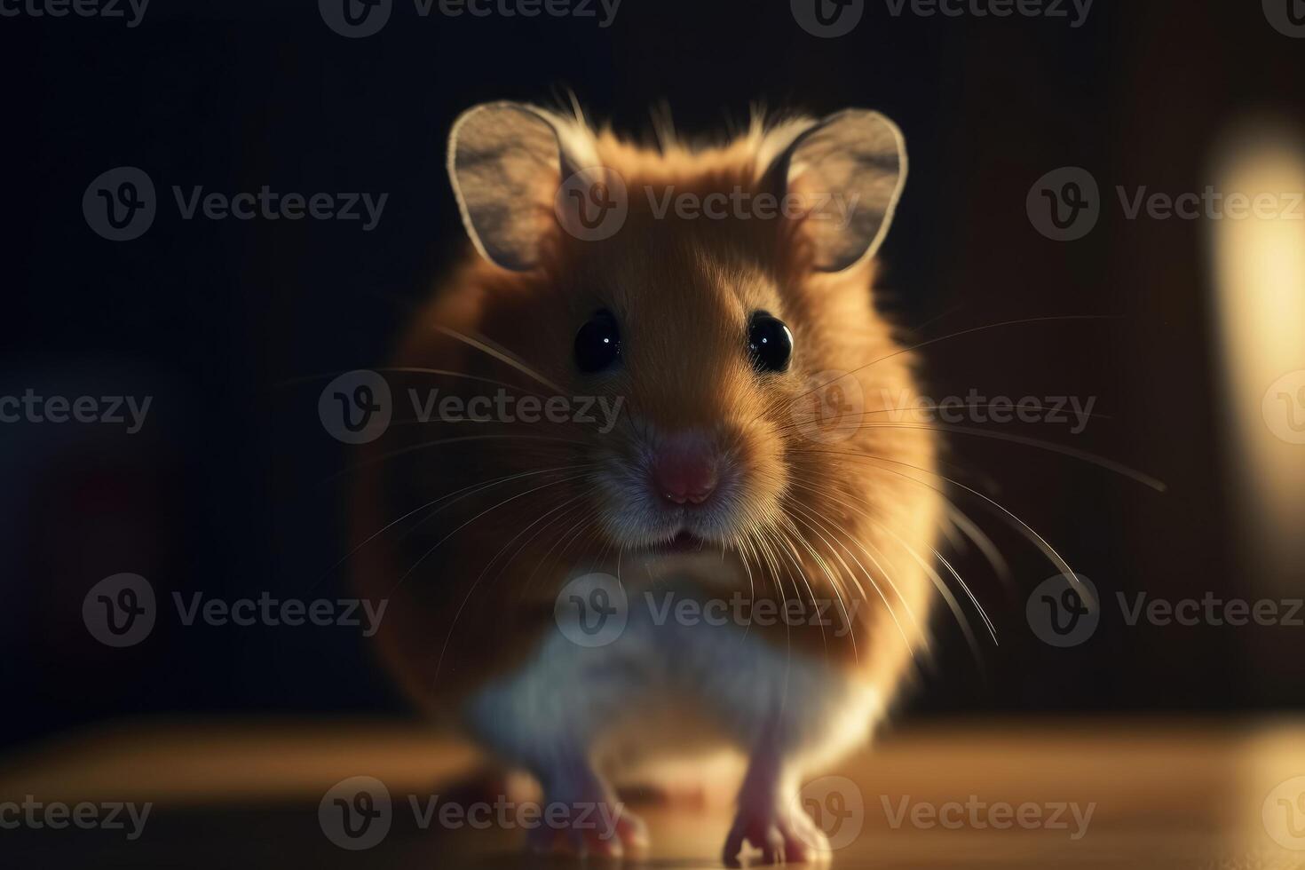 A cute hamster stands upright and looks excitedly into the camera created with technology. photo