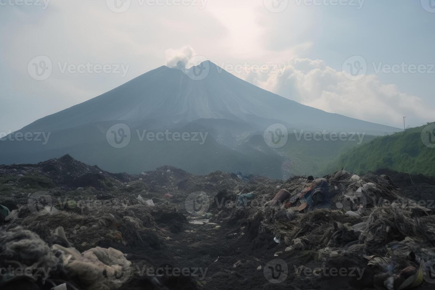 A large volcano and a huge amount of plastic waste on the landscape