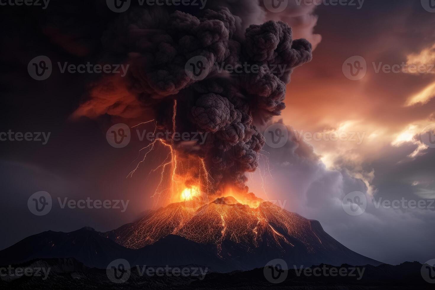 A big volcano erupts with a dark ash cloud in the sky with lightning created with technology. photo
