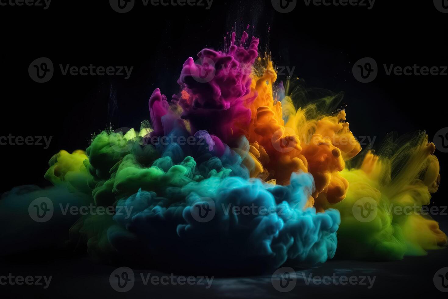 Exploding colour powder in rainbow colours on a black background created with technology. photo