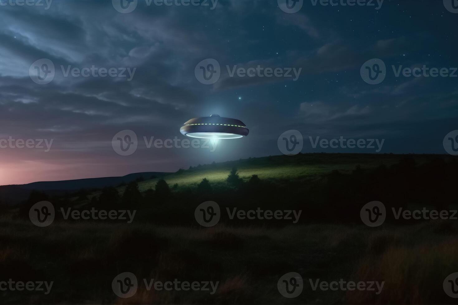 A UFO with a spotlight pointed at the bottom of the landscape - Stars in the sky created with technology. photo