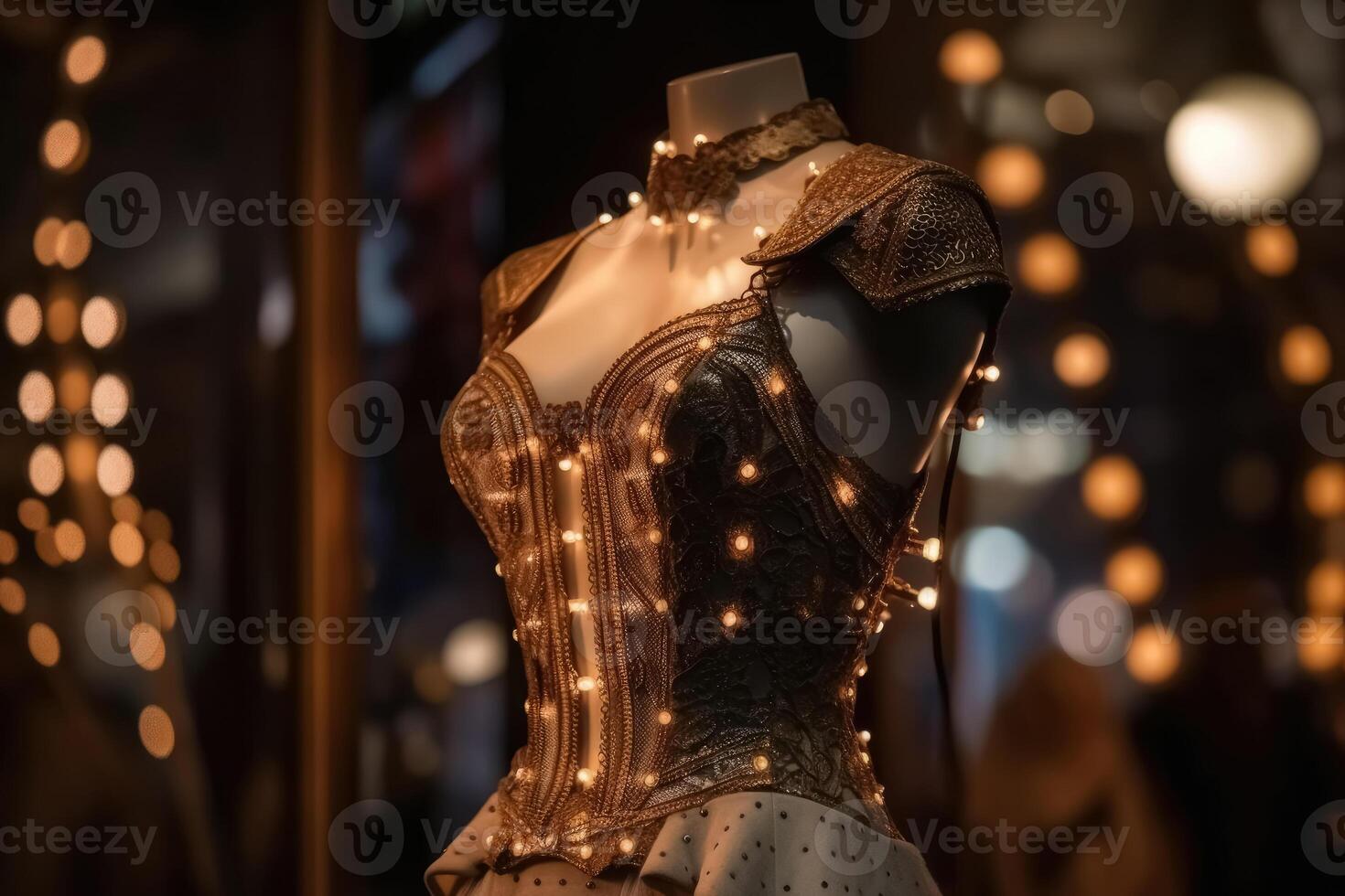 An innovative and elegant dress in a steampunk look on a Mannequin with soft bokeh lights created with technology. photo