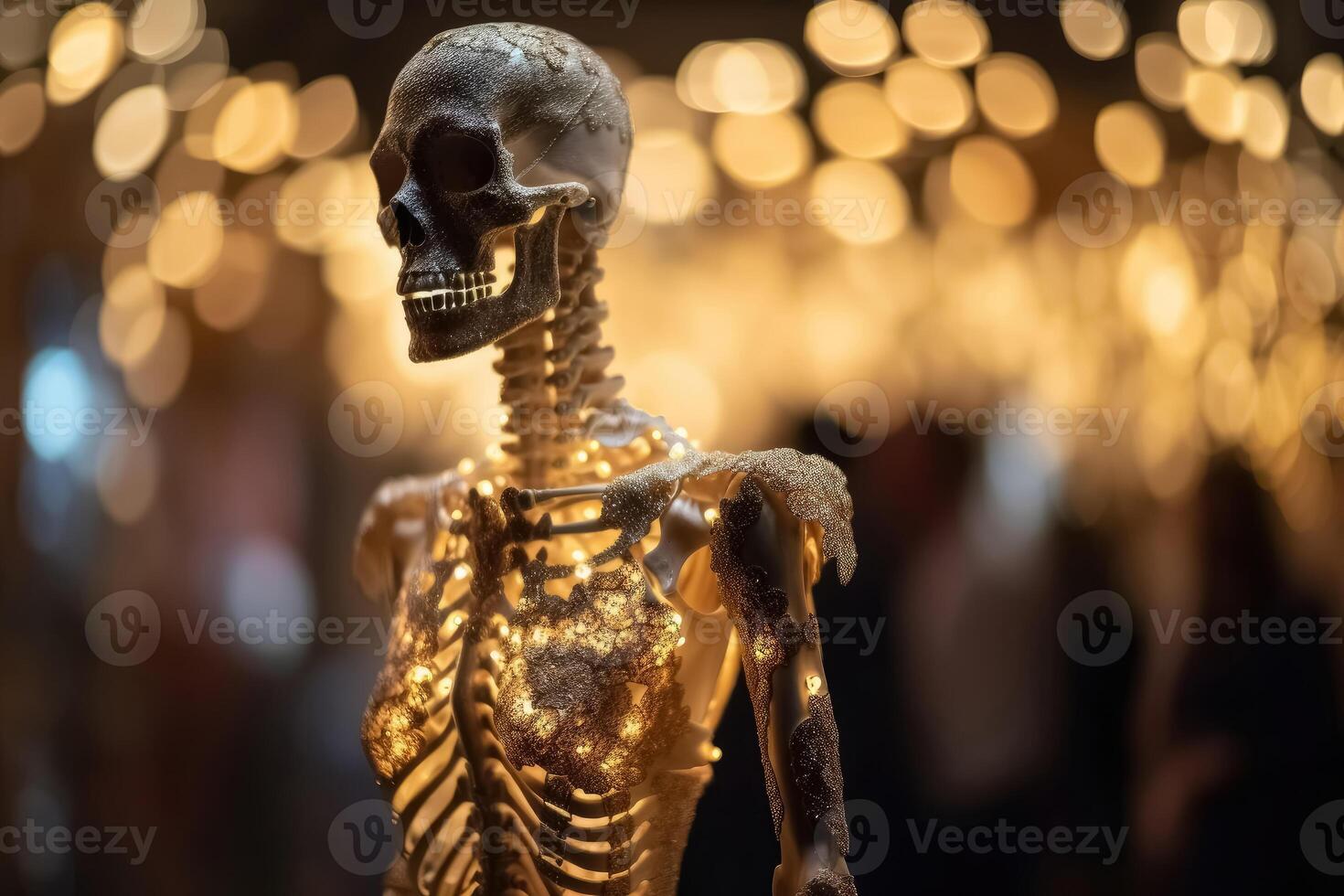 An innovative and elegant dress made of bones and skulls on a Mannequin with soft bokeh lights created with technology. photo