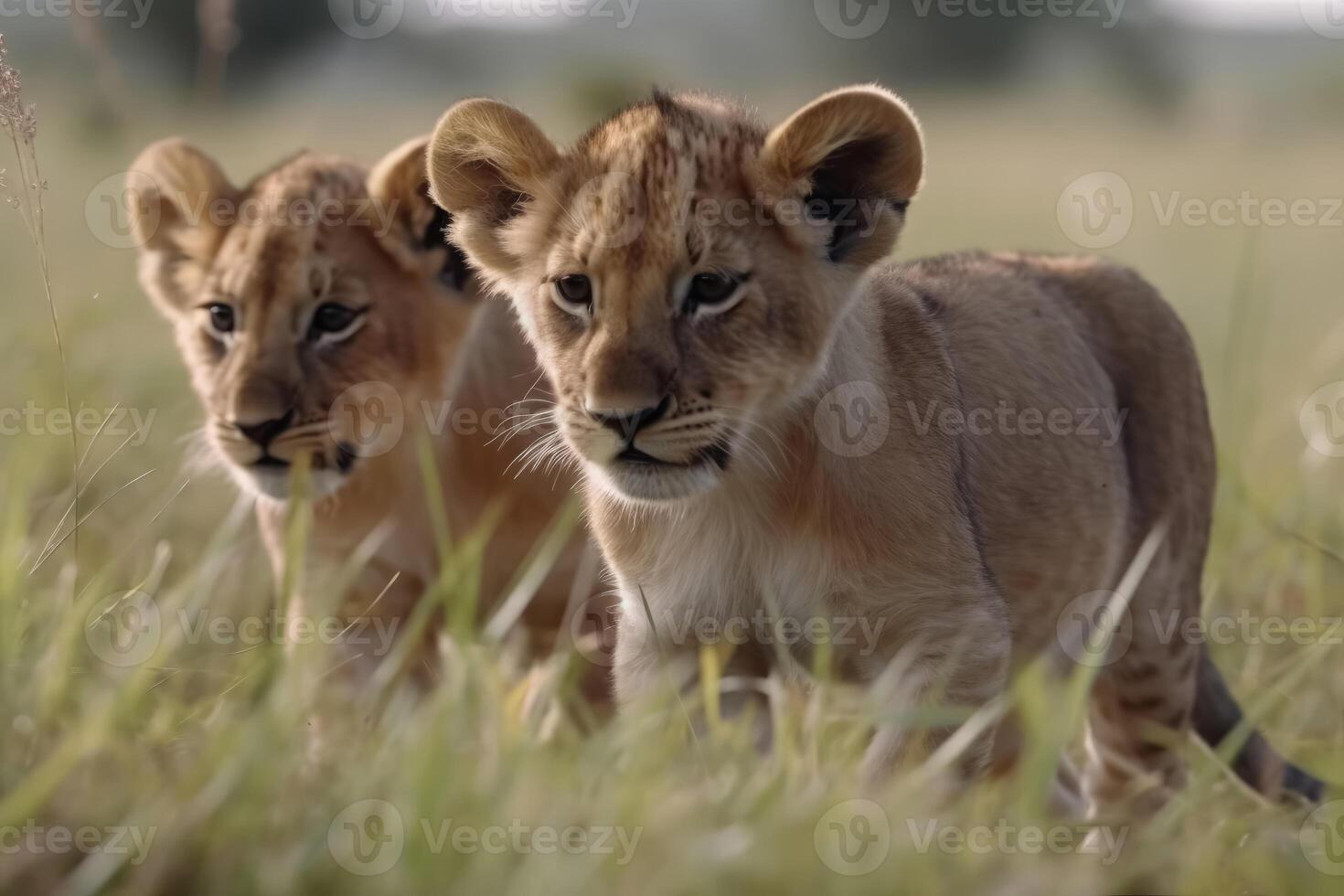 Two cute lion cubs playing in the flat grass of the savannah created with technology. photo