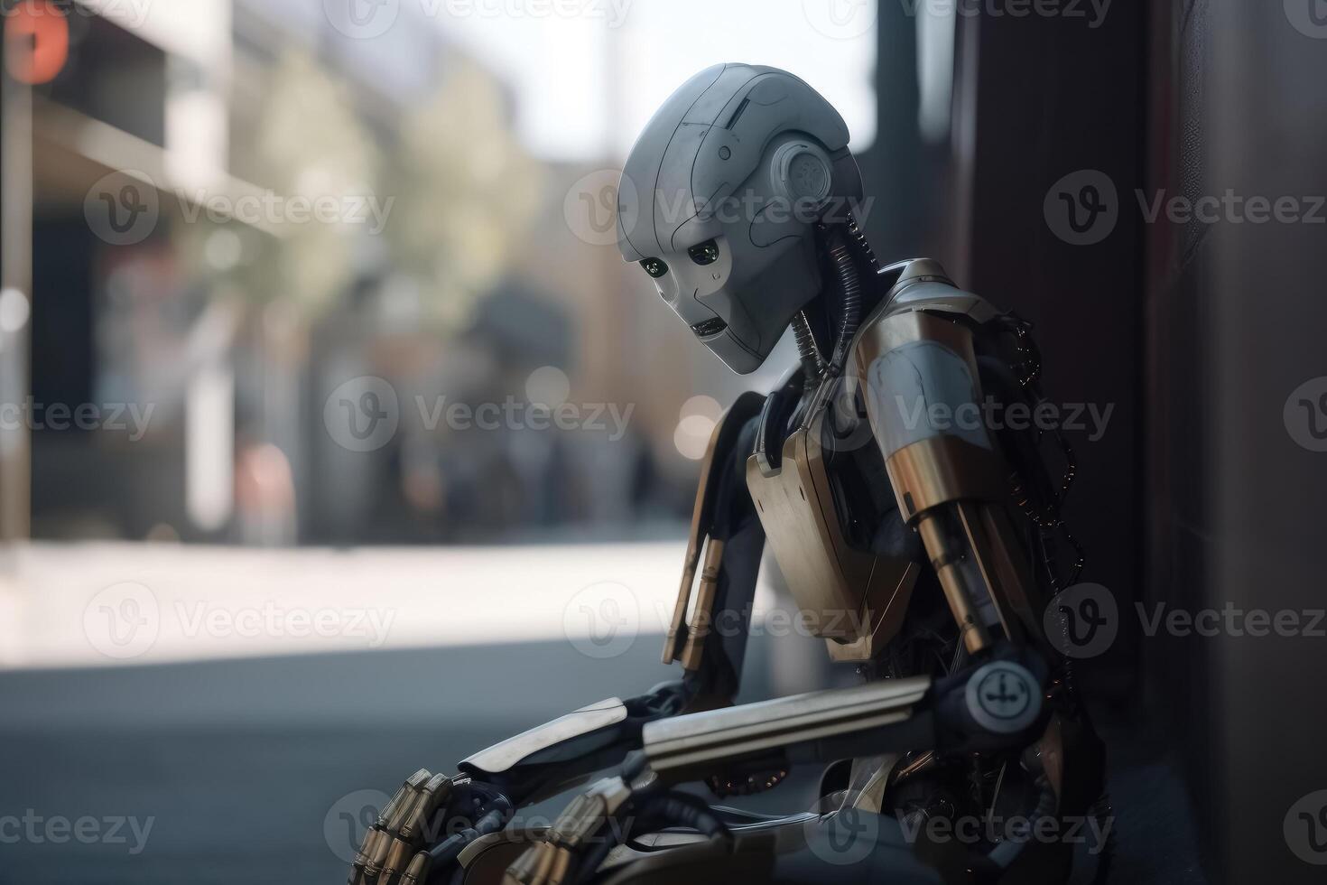 A homeless AI robot sitting on a street corner begging for a few coins created with technology. photo