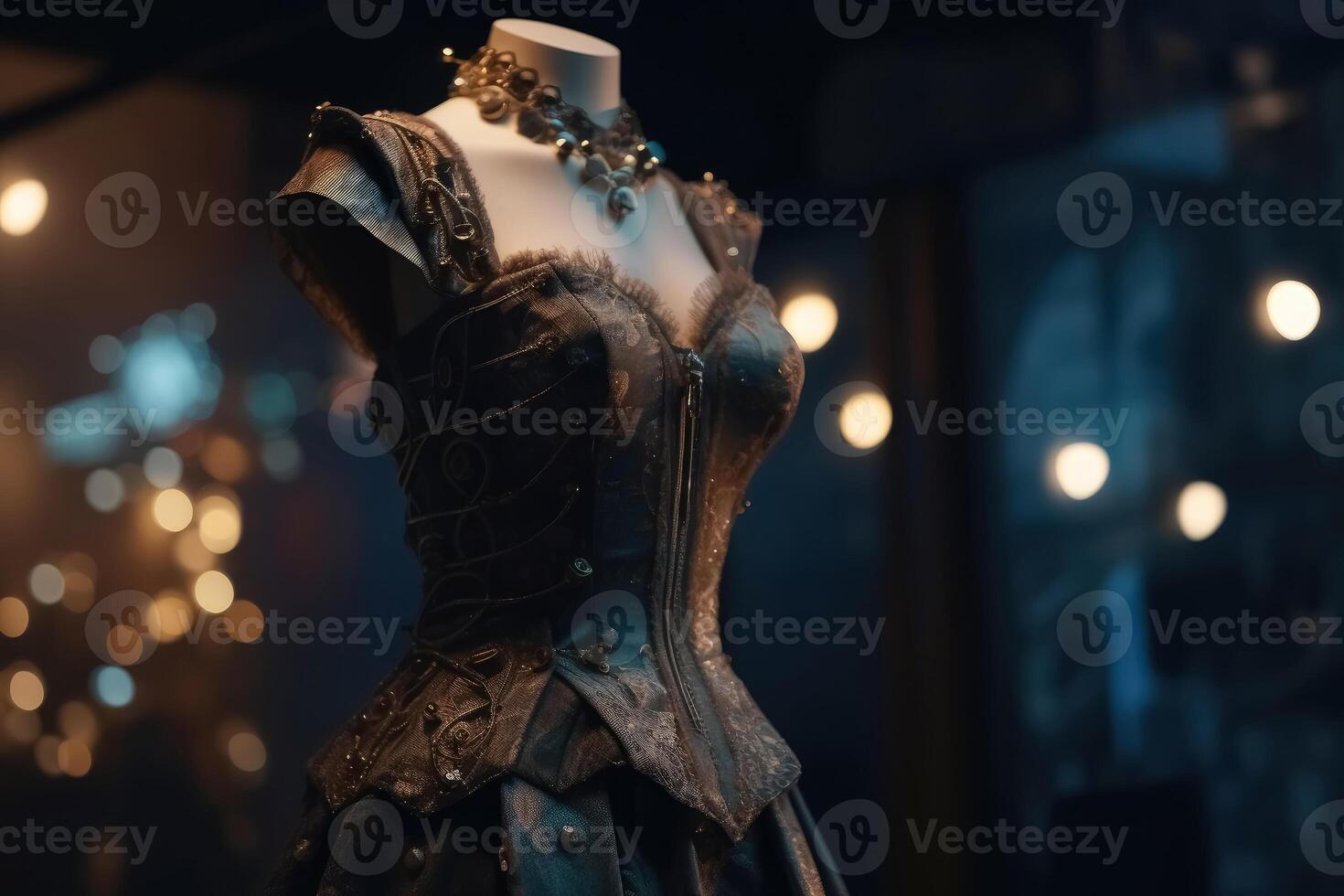 An innovative and elegant dress in a steampunk look on a Mannequin with soft bokeh lights created with technology. photo