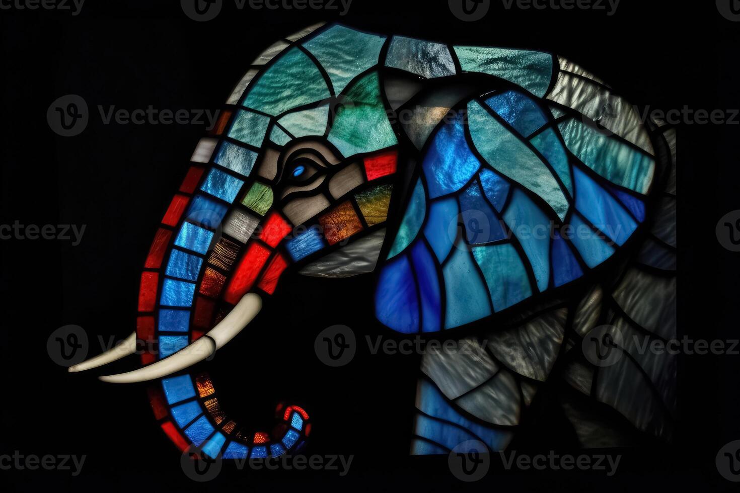 An elephant made of stained glas on a dark background created with technology. photo