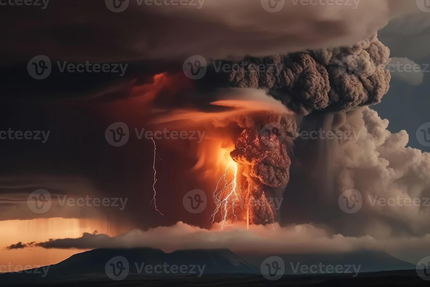 A big volcano erupts with a dark ash cloud in the sky with lightning created with technology. photo