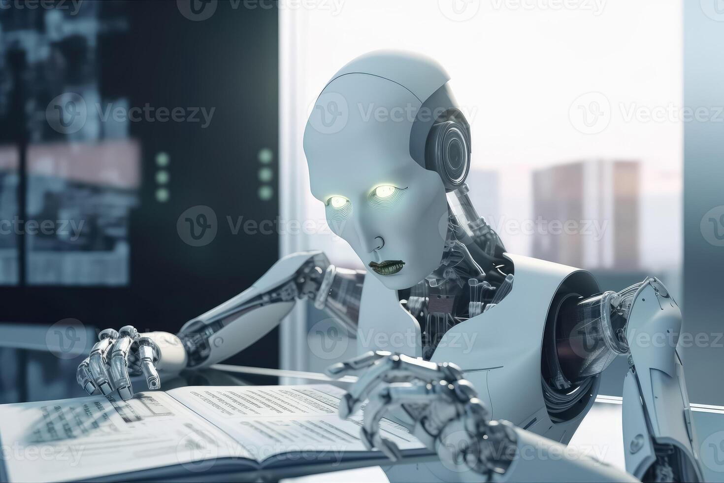AI Robot reading a newspaper in an office created with technology. photo