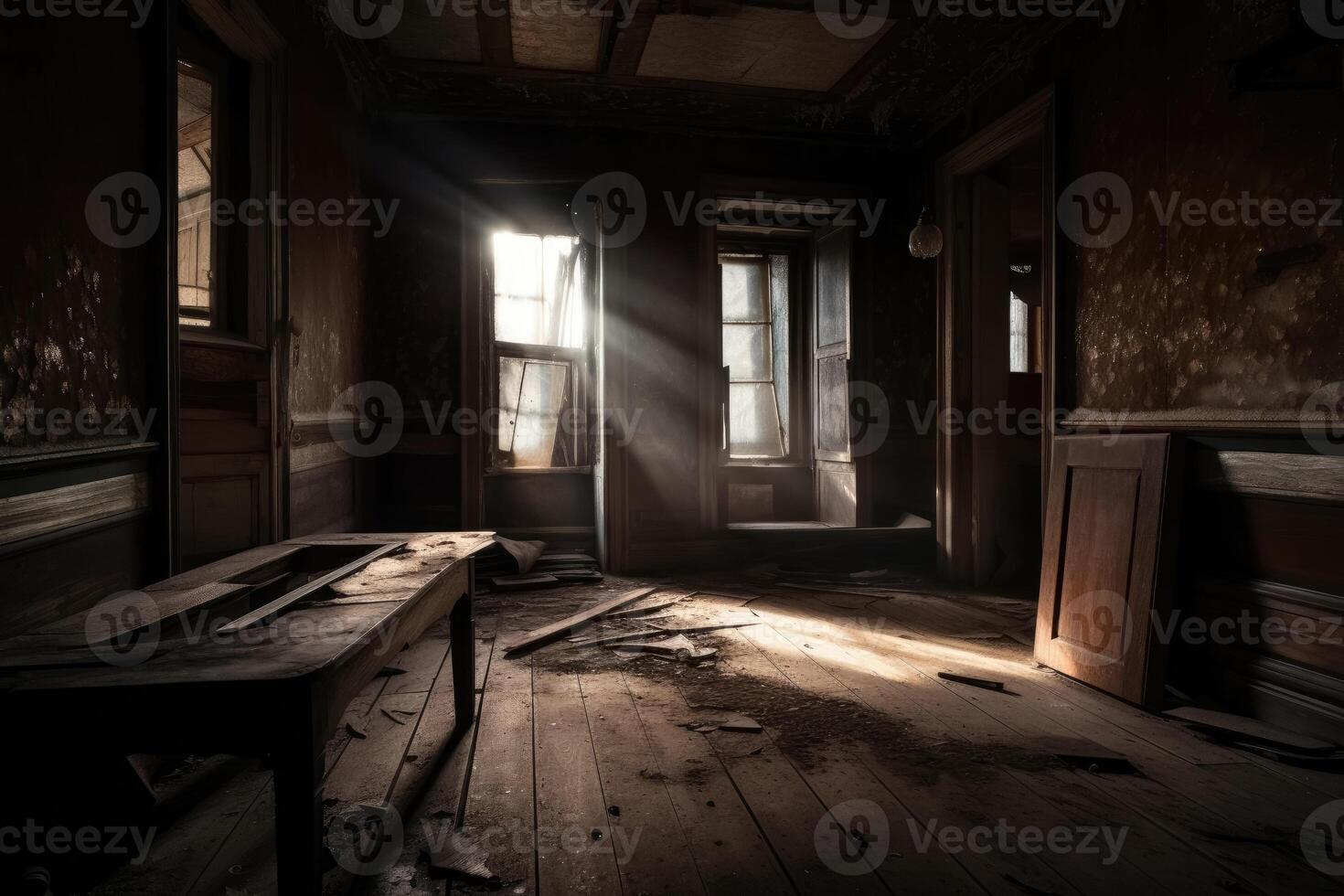 An abandoned House viewed from a room inside created with technology. photo