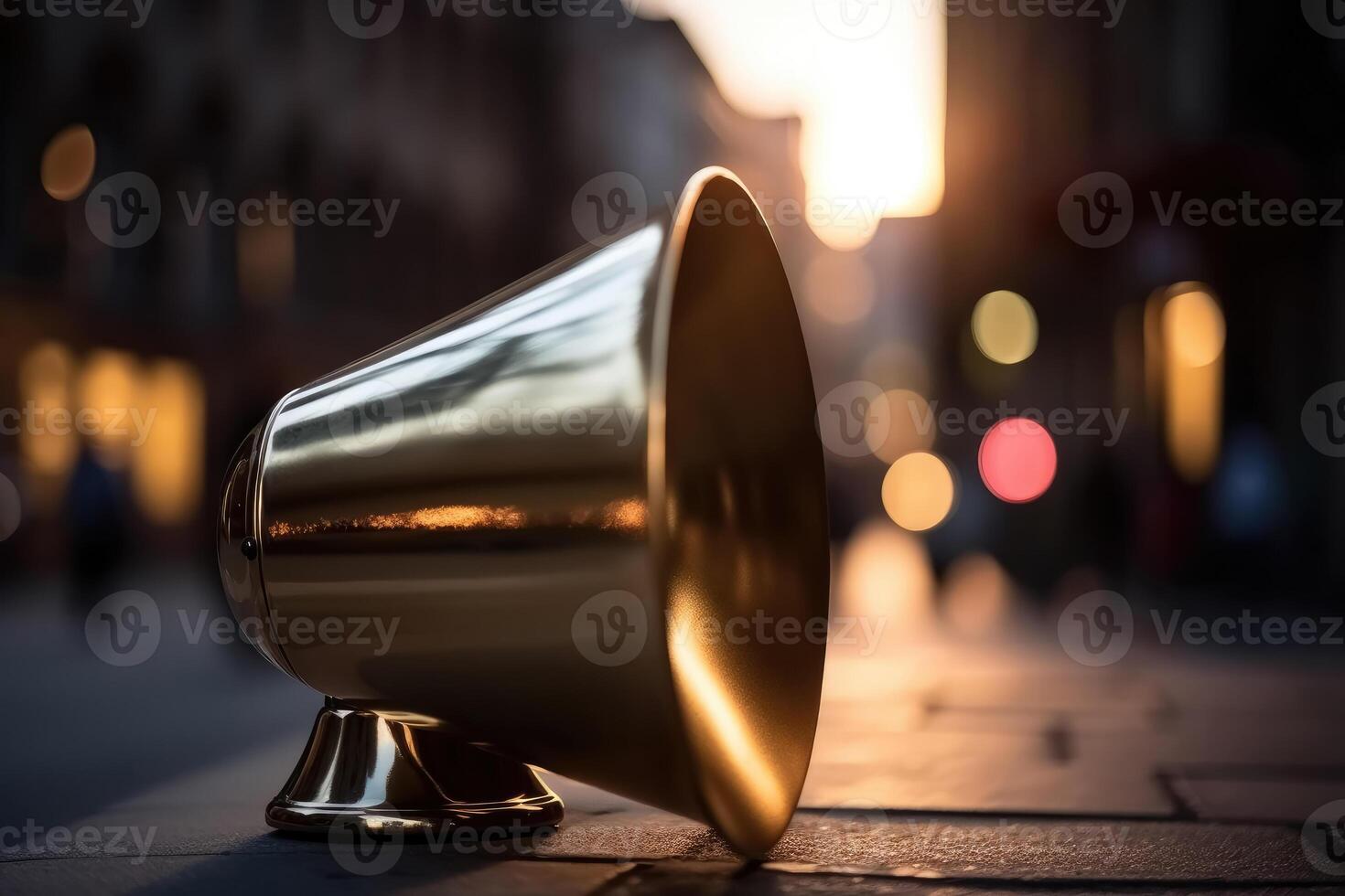 un megáfono hecho de oro en el antecedentes un calle en un grande ciudad con suave bokeh creado con generativo ai tecnología. foto