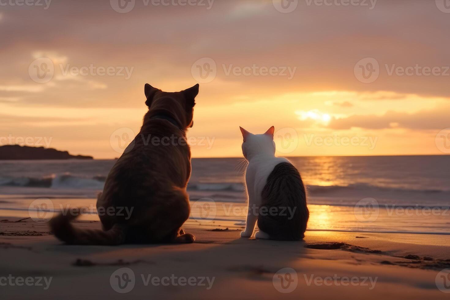 A dog and a cat seen from behind on the beach look dreamily into the sunset created with technology. photo