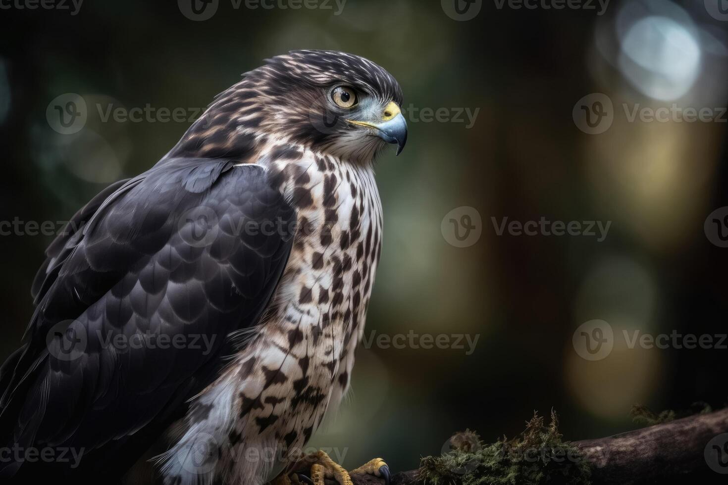 A merlin bird of prey on a branch in close up created with technology. photo