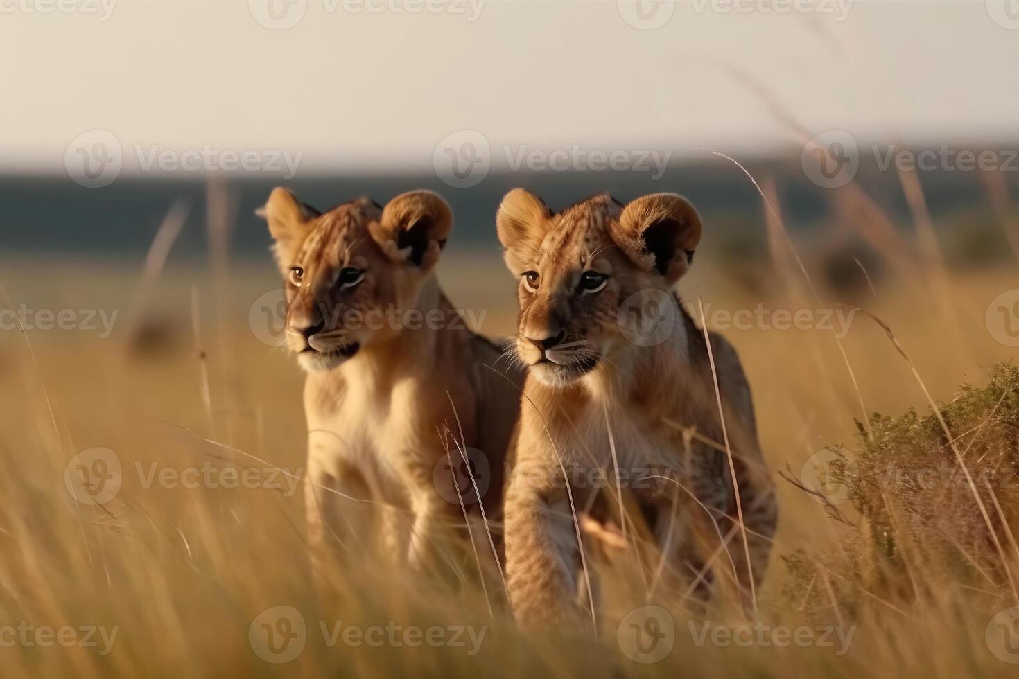 Two cute lion cubs playing in the flat grass of the savannah created with technology. photo