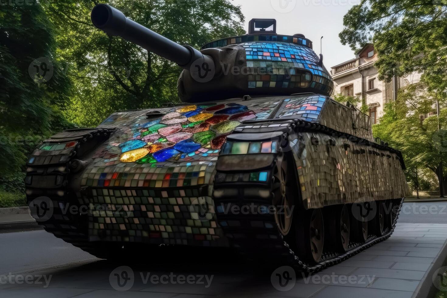 A military tank made of stained glas on a road created with technology. photo