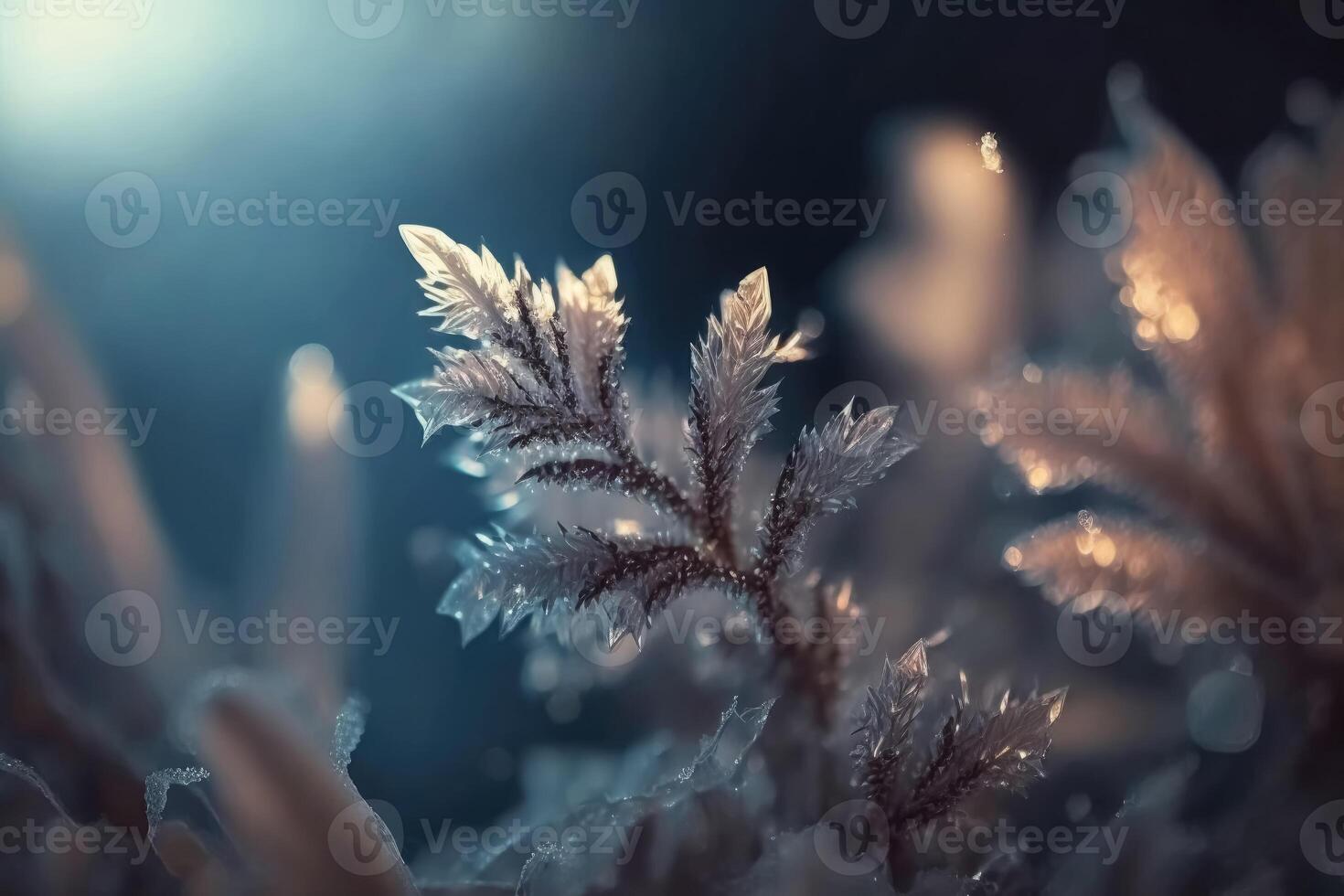 Very beautiful ice crystals in close-up against a soft winter background created with technology. photo