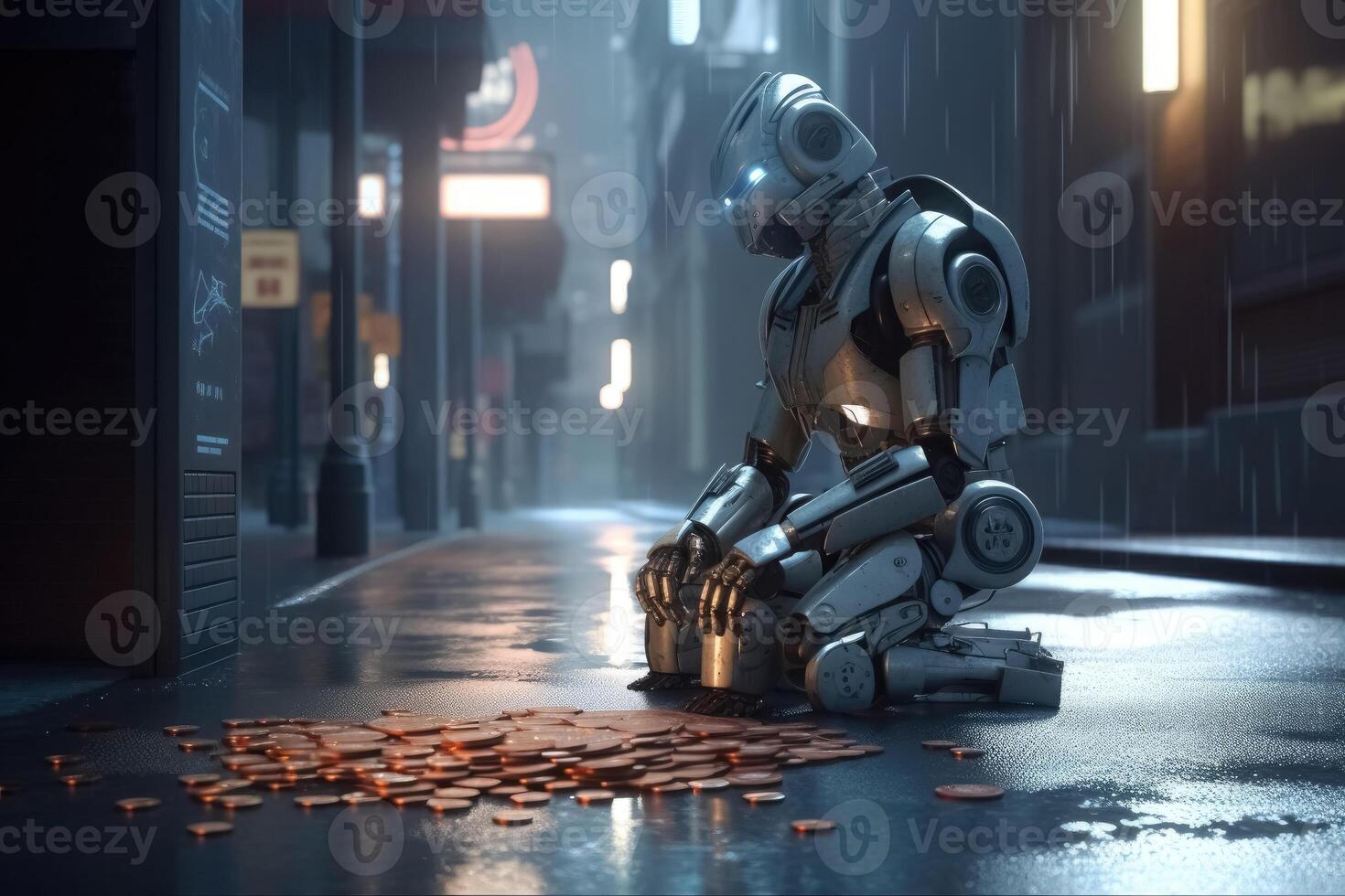 A homeless AI robot sitting on a street corner begging for a few coins created with technology. photo