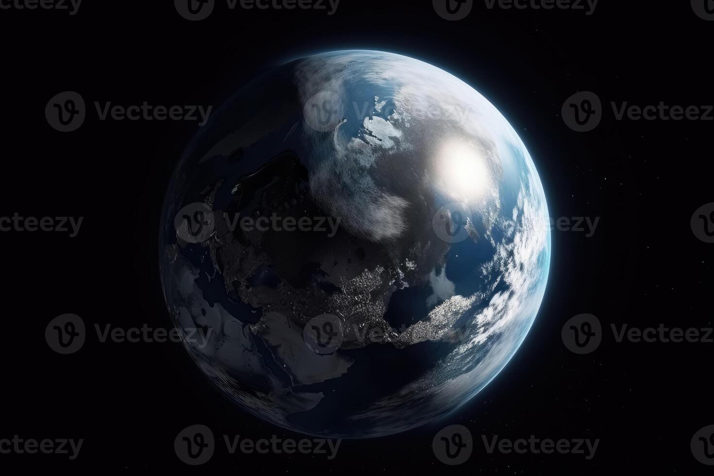 Blue planet Earth in the black space created with technology. photo