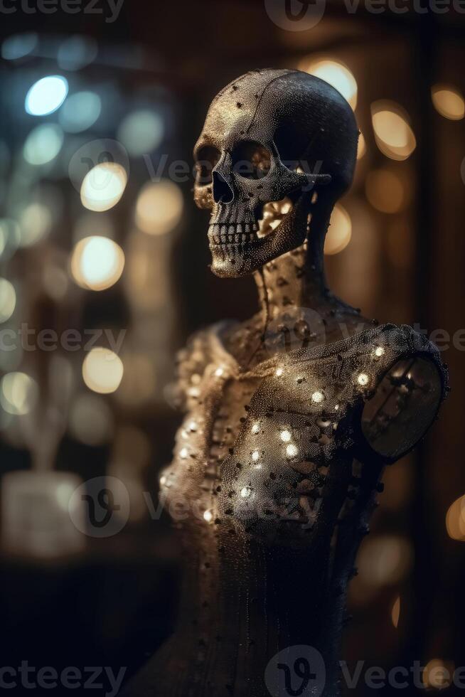 An innovative and elegant dress made of bones and skulls on a Mannequin with soft bokeh lights created with technology. photo