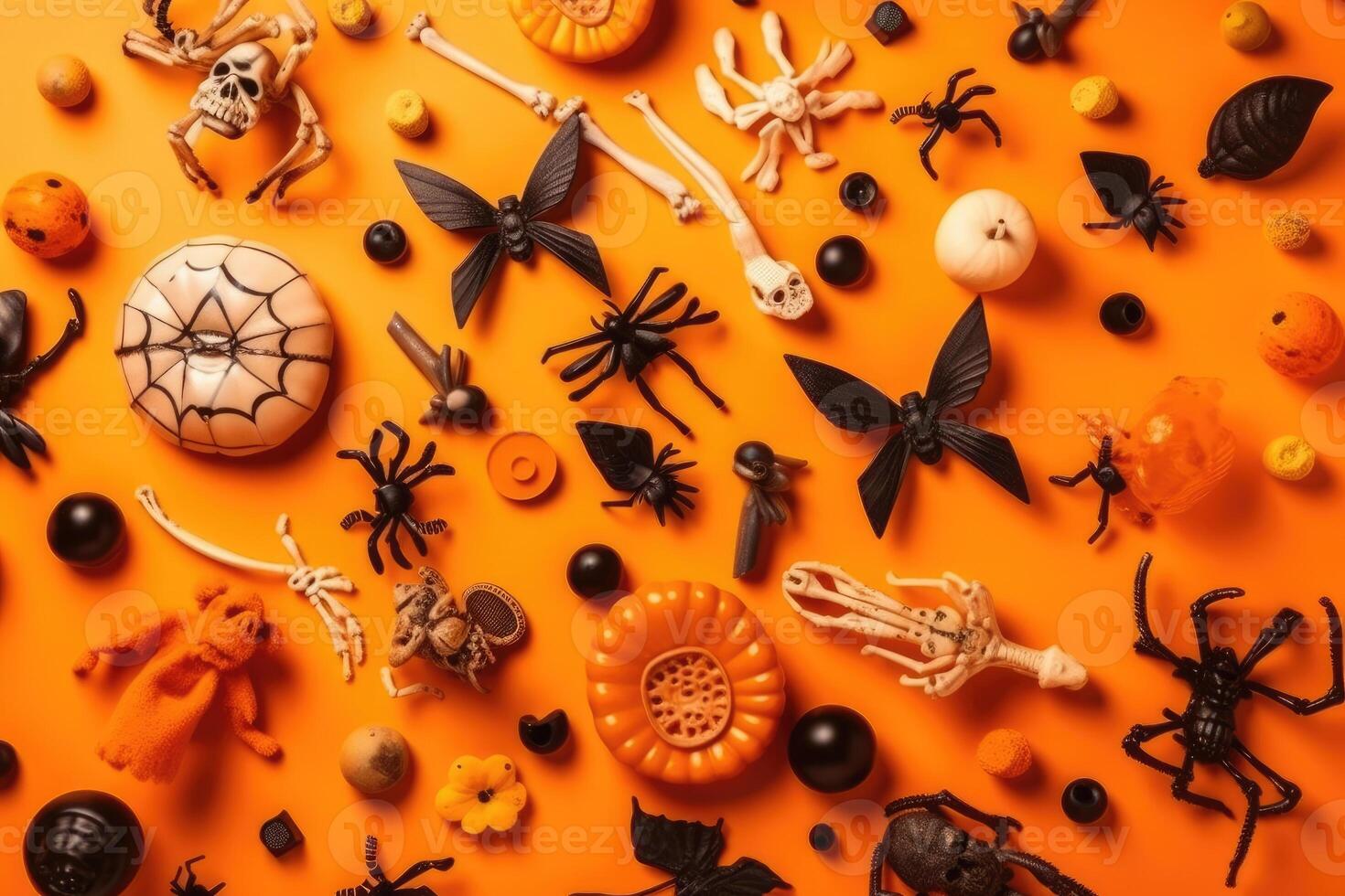 Top view on spooky halloween motifs with bones plastic spiders pumpkins and bats on an orange surface created with technology. photo