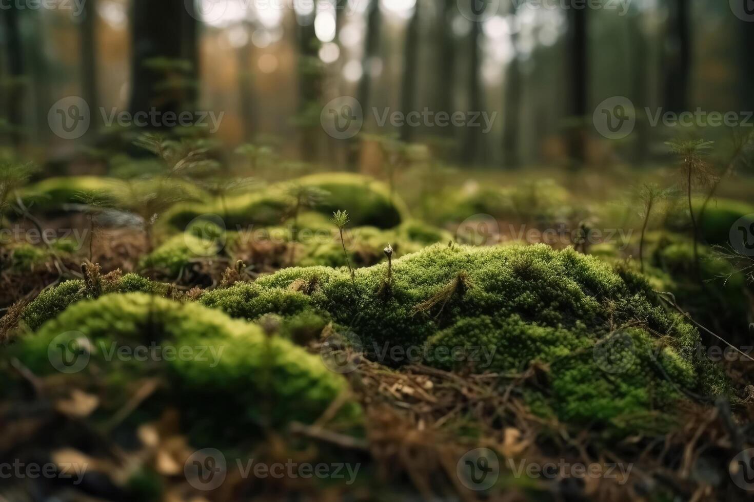 Close up view on a forest ground with a lot of moss and little branches created with technology. photo