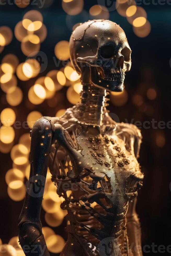 An innovative and elegant dress made of bones and skulls on a Mannequin with soft bokeh lights created with technology. photo