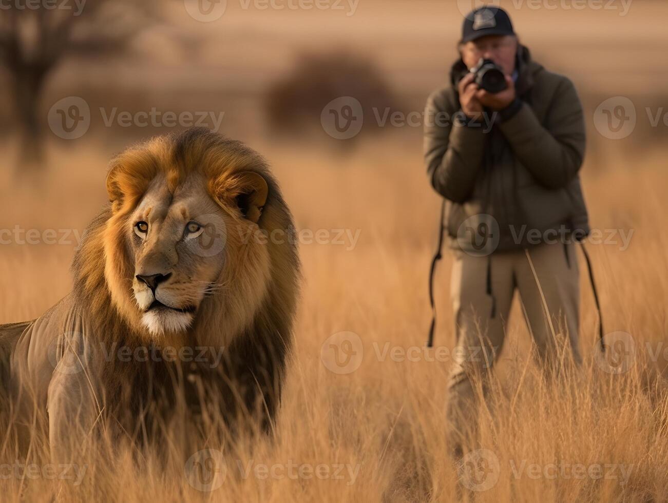 photographer taking photo of a lion on the savanna.