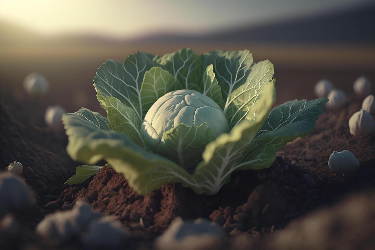 Cabbage in the middle of a field, green organic cabbage vegetable plantation, photo