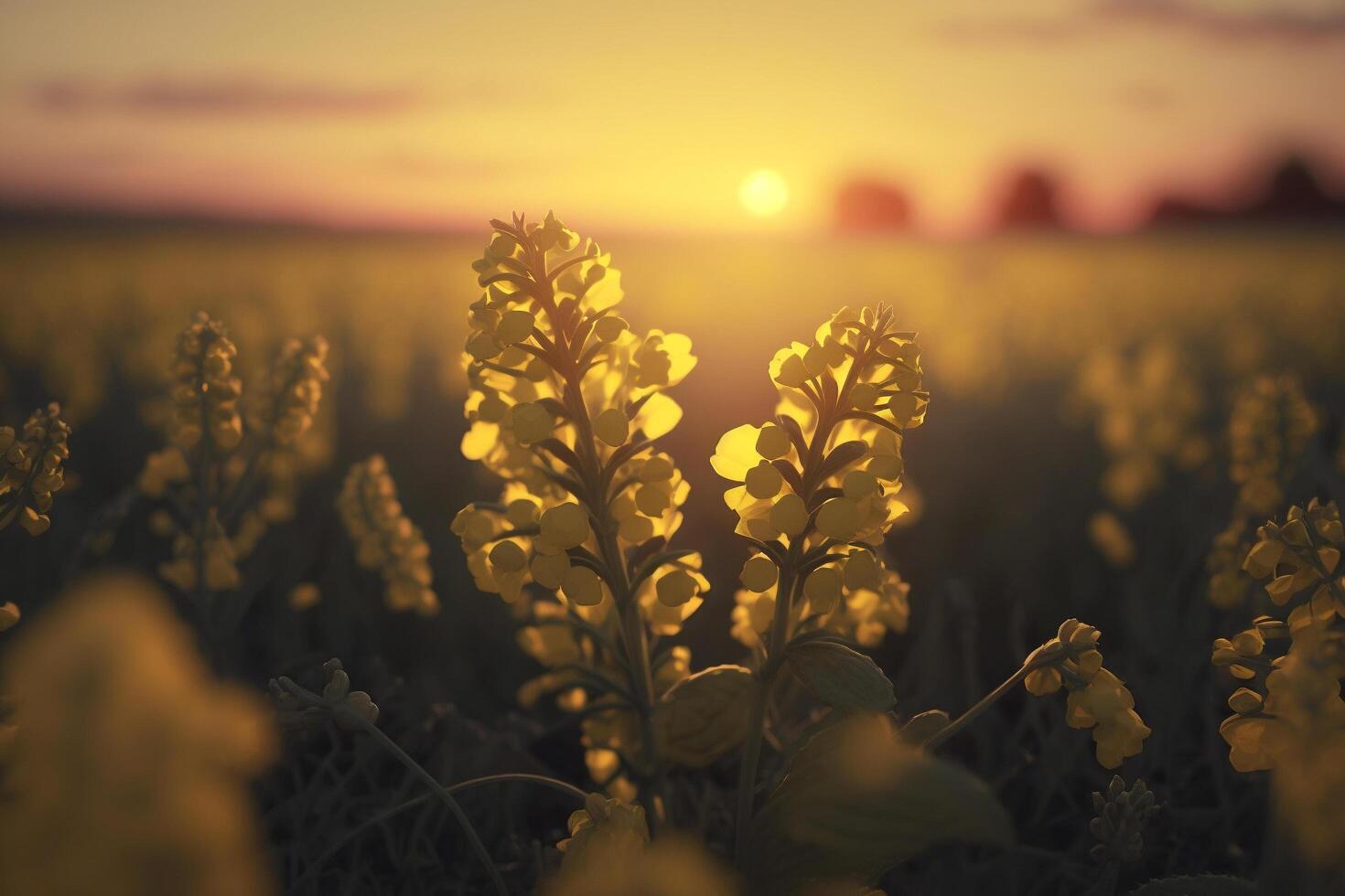 A field of yellow flowers with the sun setting in the background, photo