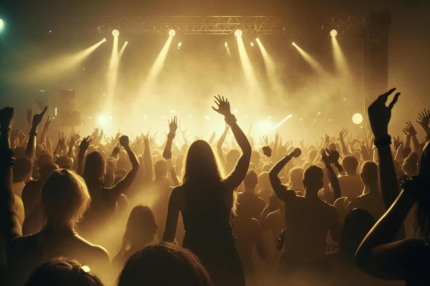 A crowd of people at a concert, crowd of people dancing on dancefloor ...