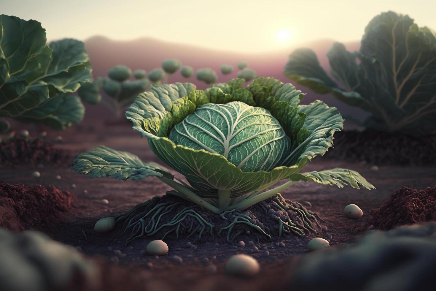 Cabbage in the middle of a field, green organic cabbage vegetable plantation, photo