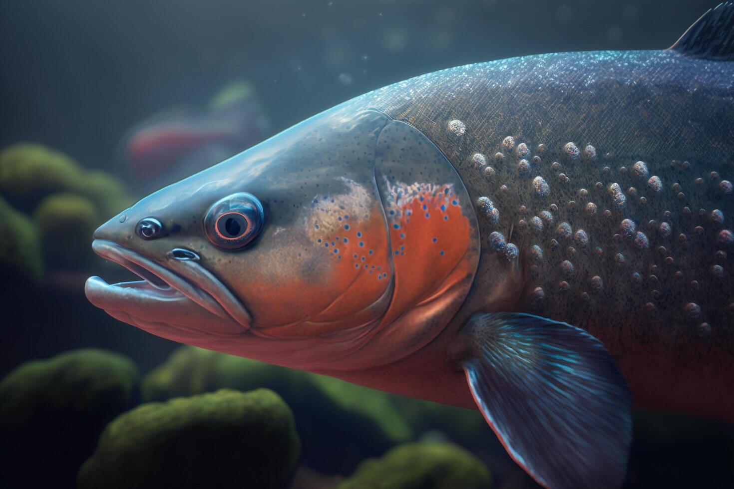 A large fish with its mouth open under the water, photo
