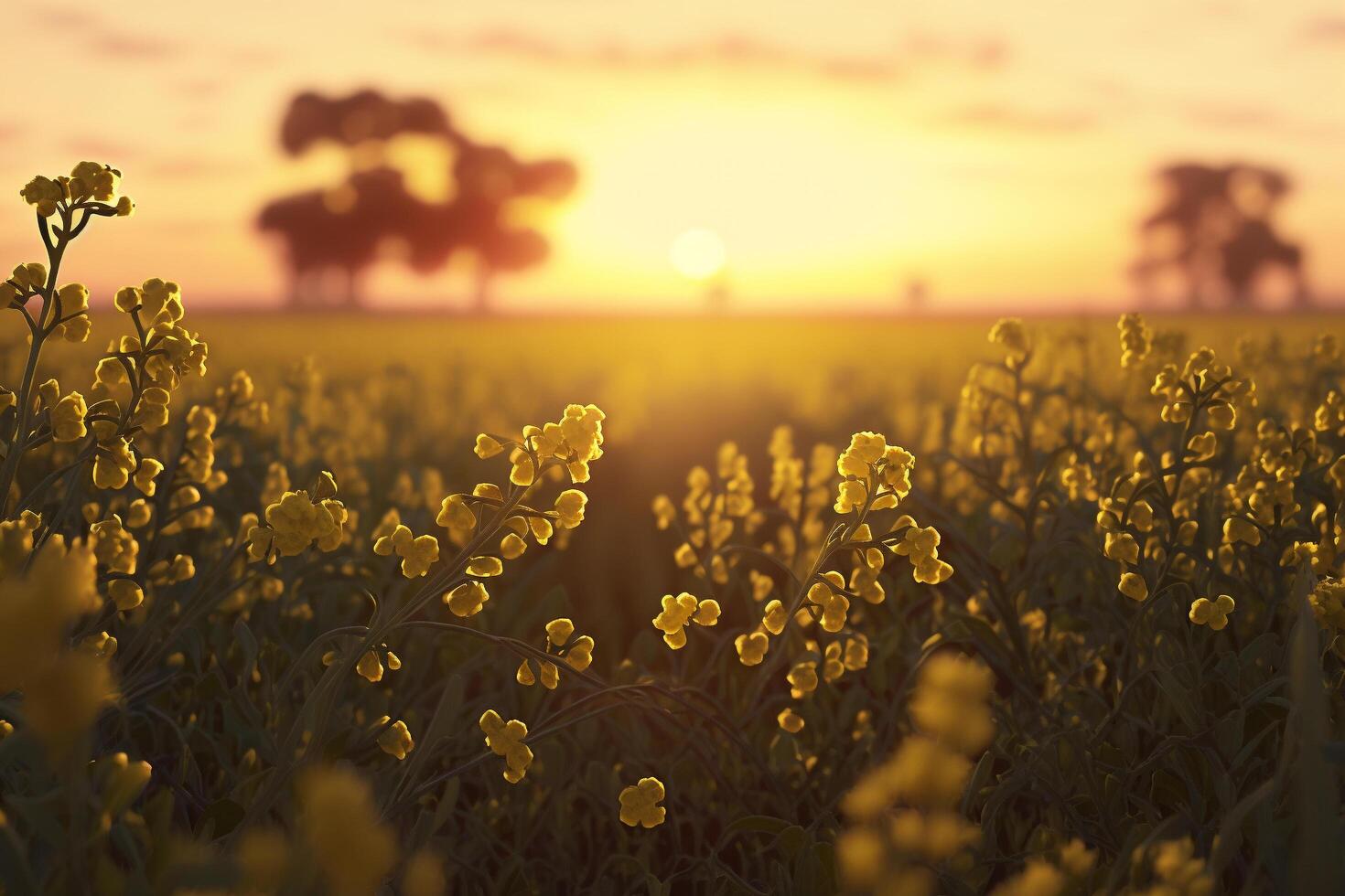 A field of yellow flowers with the sun setting in the background, photo