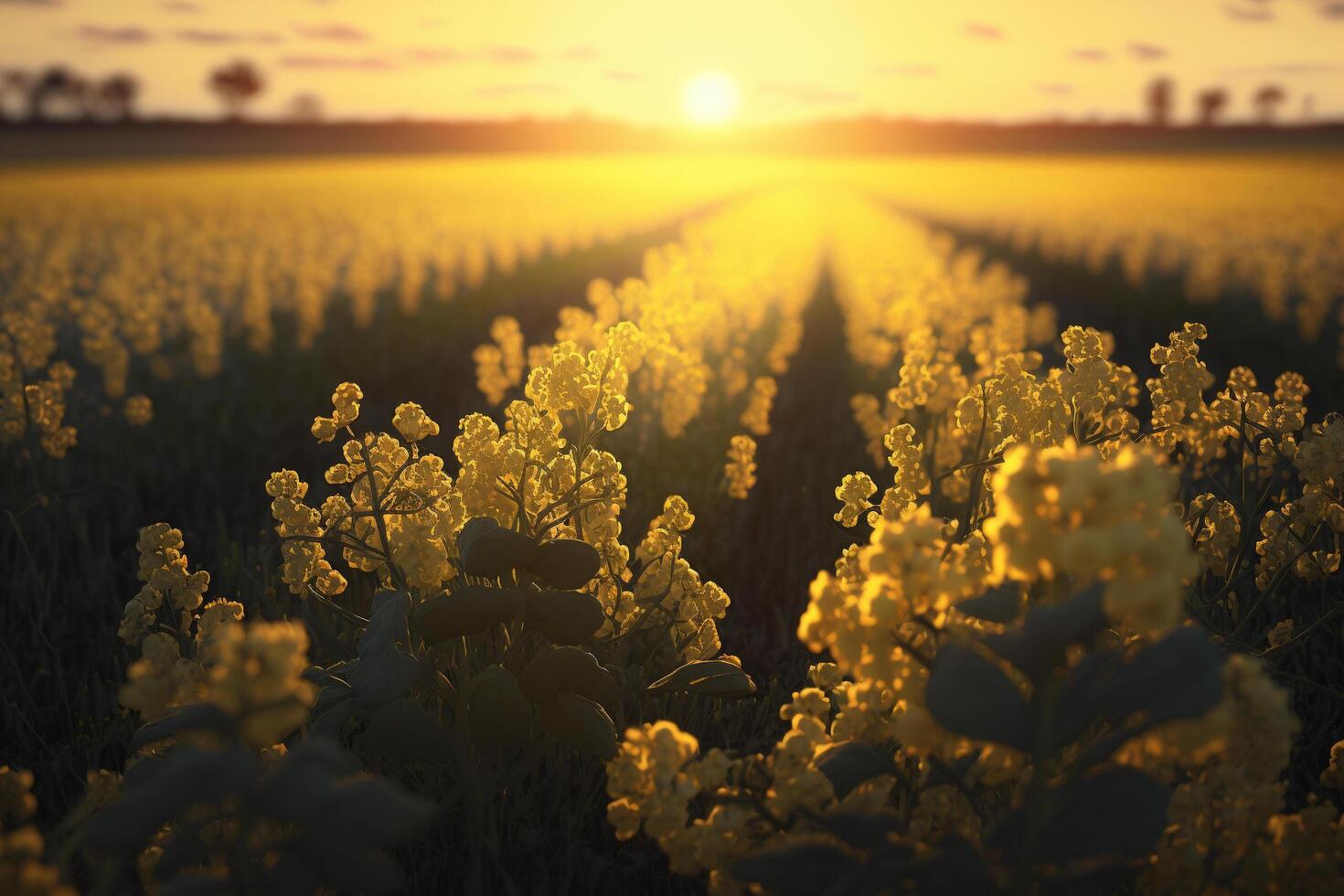 A field of yellow flowers with the sun setting in the background, photo
