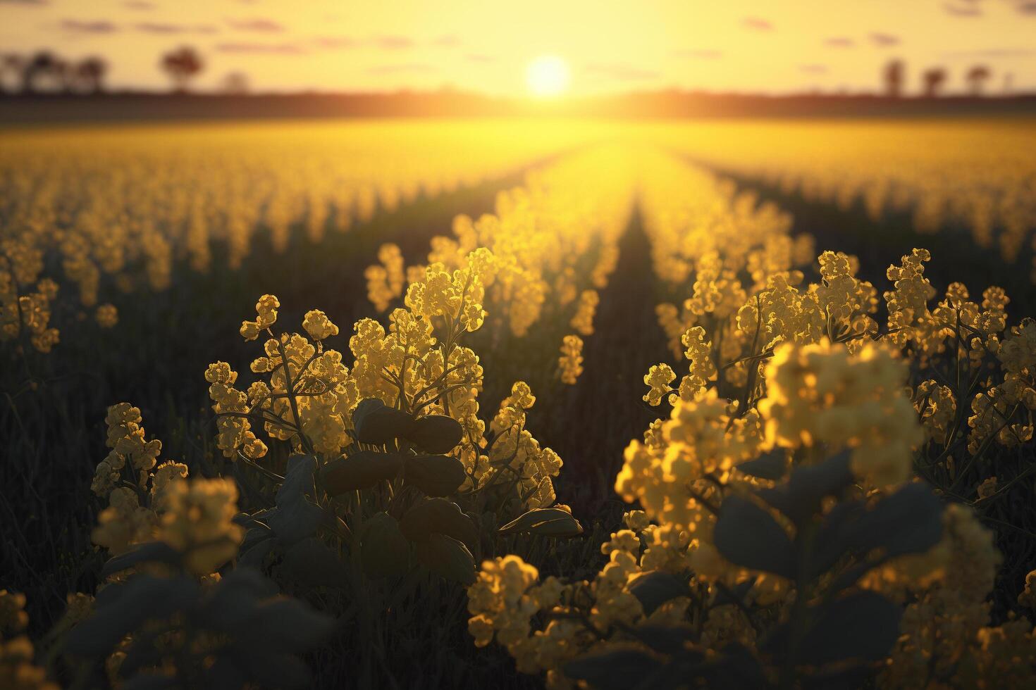 un campo de amarillo flores con el Dom ajuste en el fondo, generativo ai foto