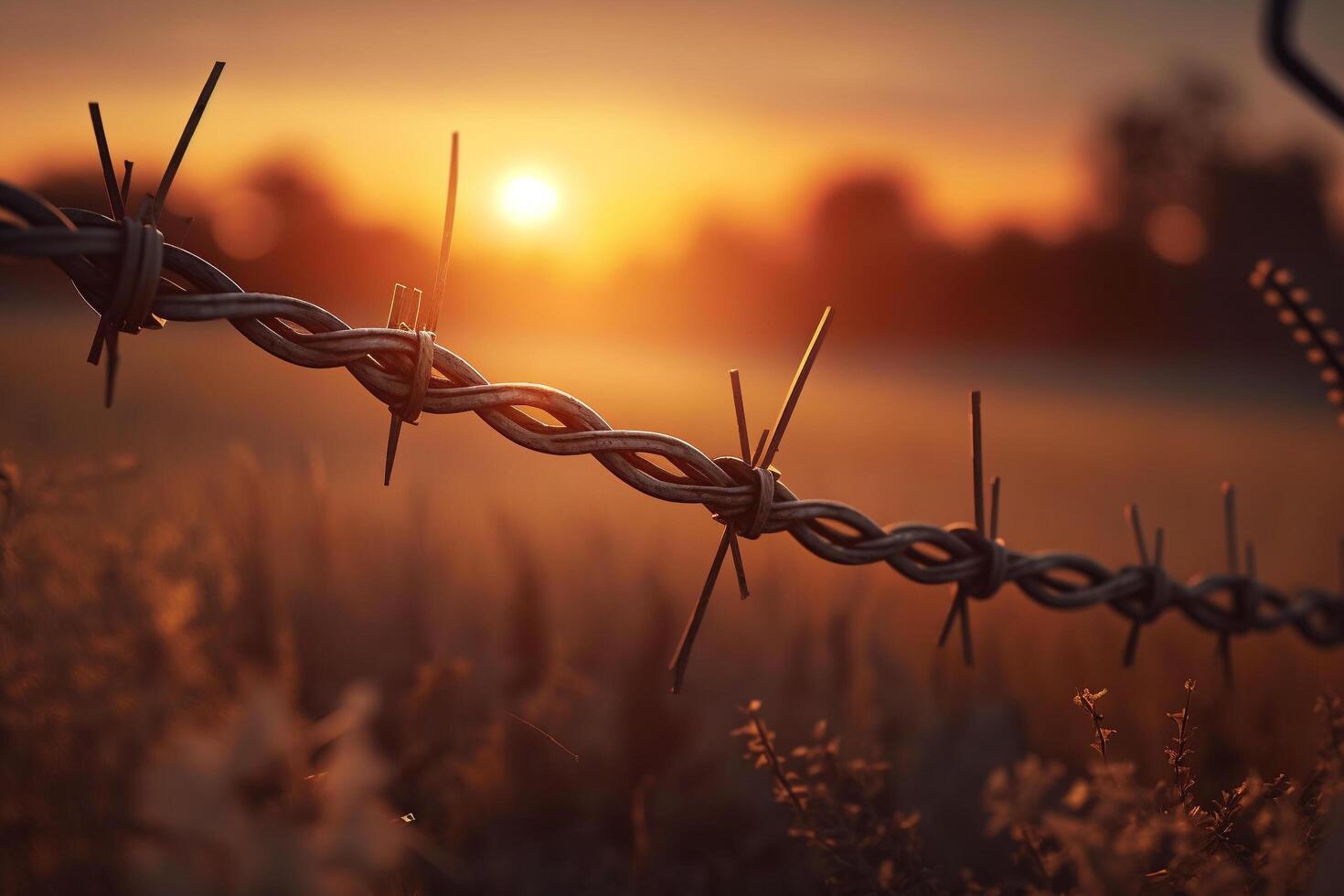 The sun is setting behind a barbed wire fence, photo