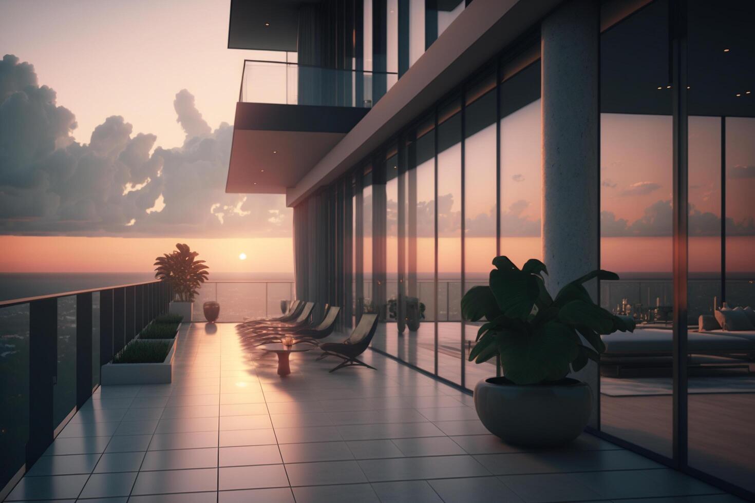 A balcony with a swimming pool and sunset view, photo
