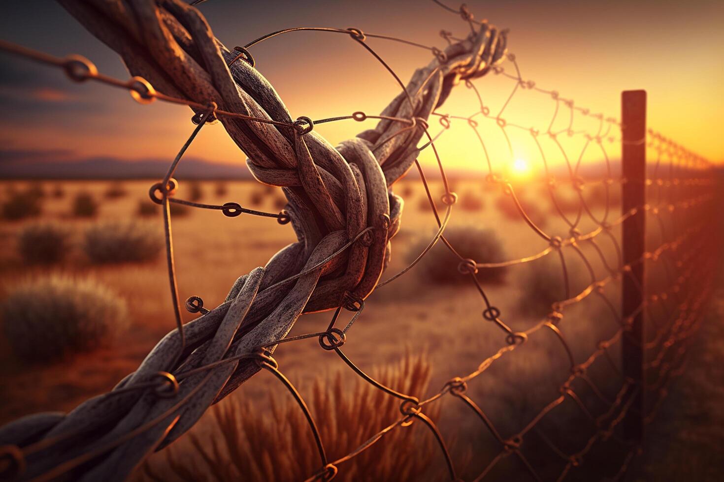 The sun is setting behind a barbed wire fence, photo