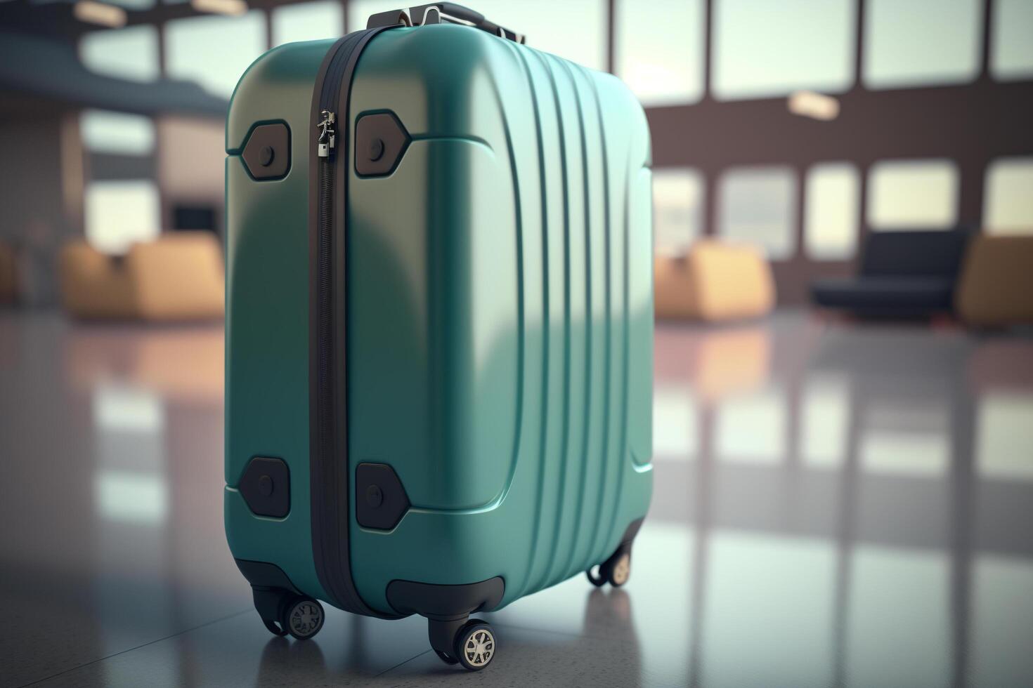 A green suitcase sitting in an airport terminal, photo