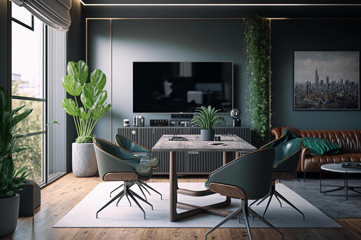 A living room with a table, chairs and a couch, photo