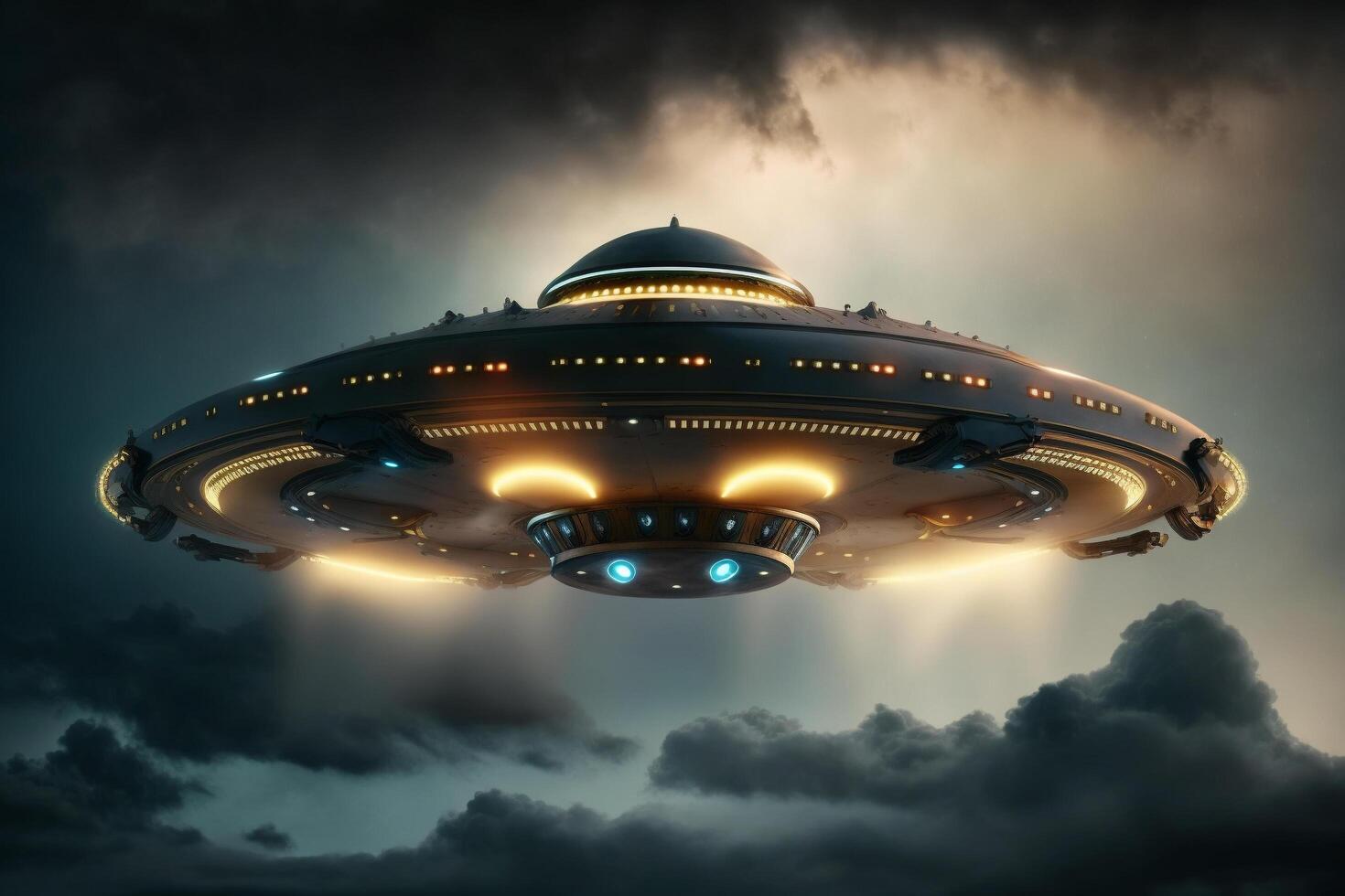 A large alien ship flying through a cloudy sky, photo