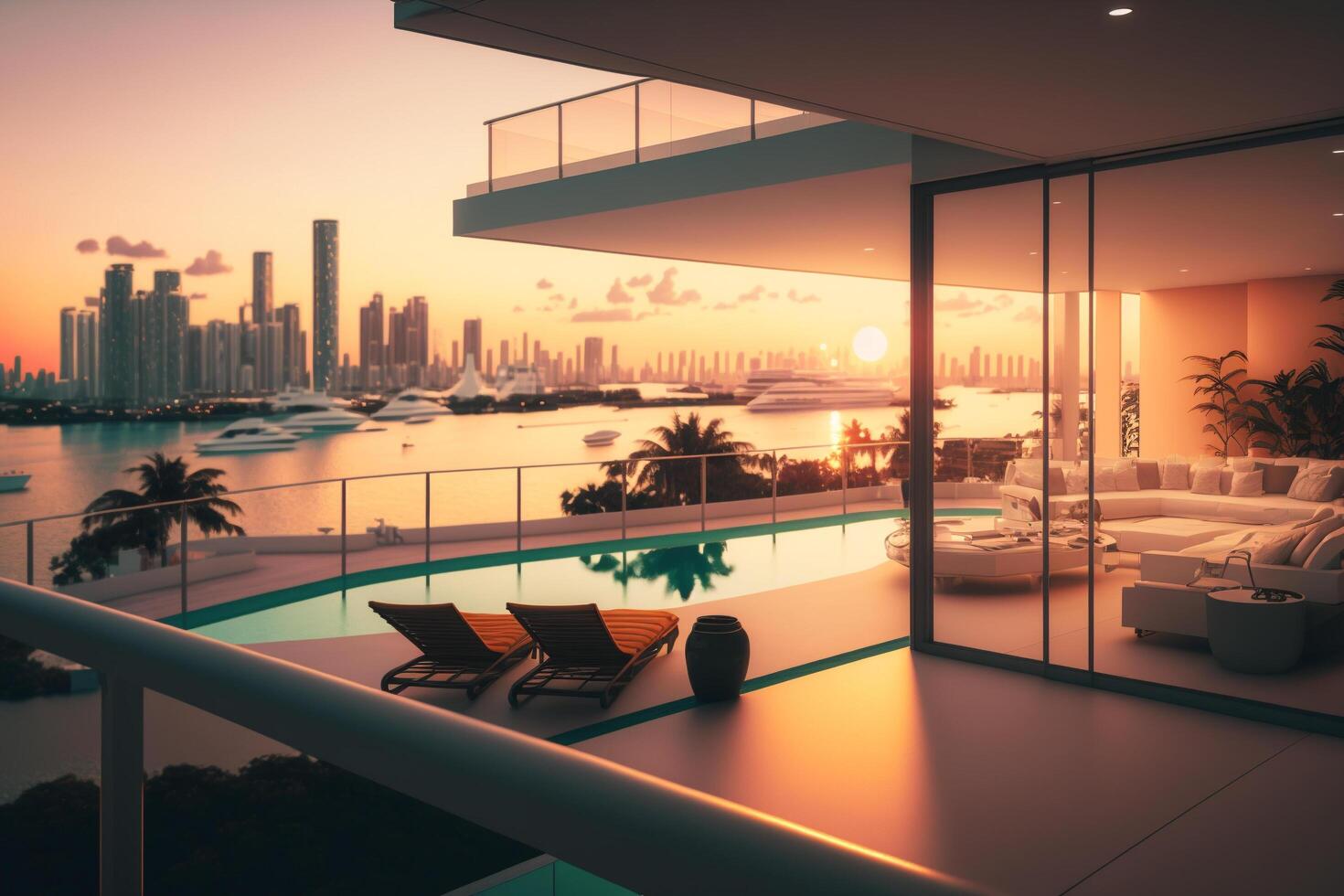 A balcony with a swimming pool and sunset view, photo