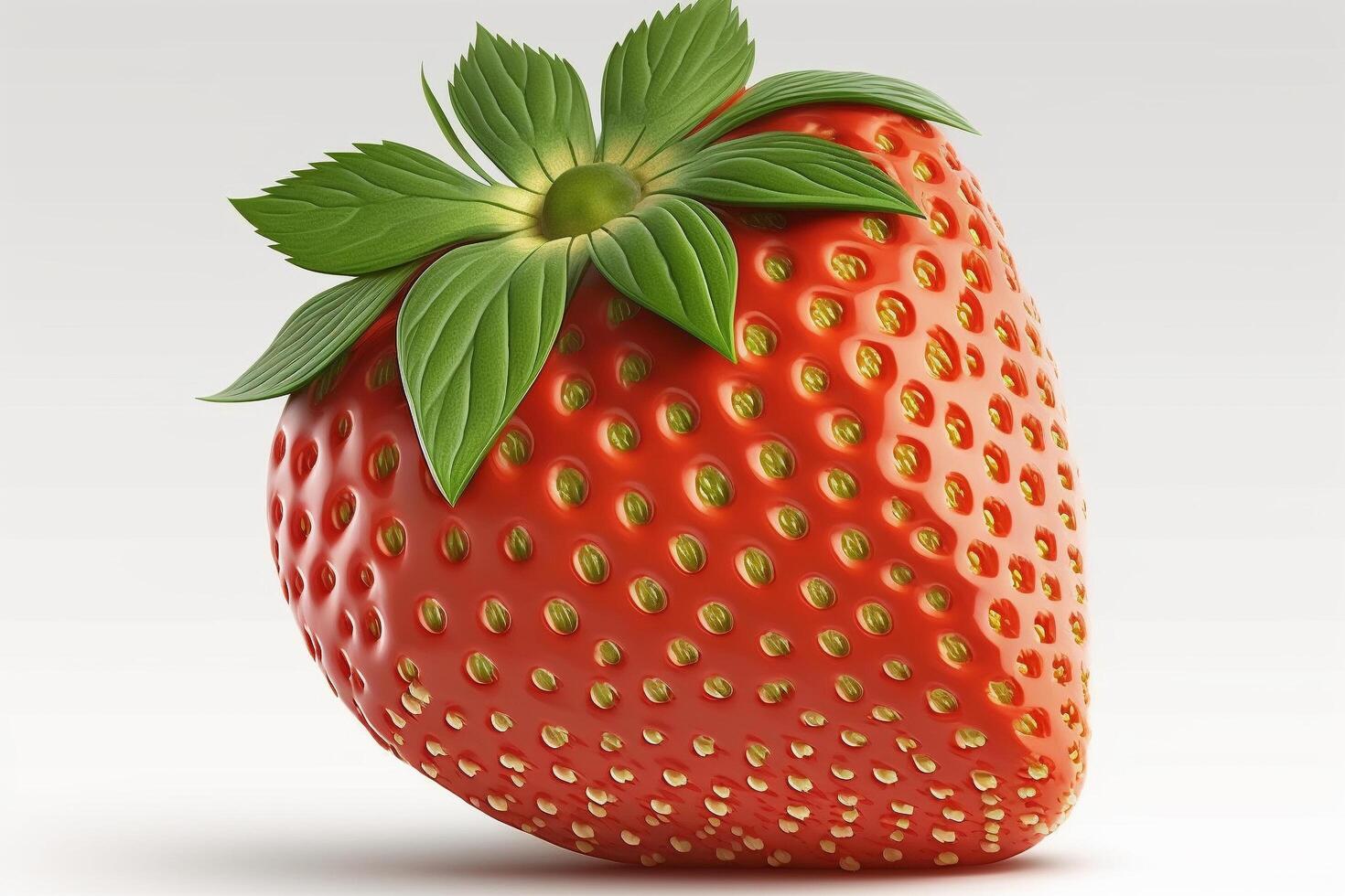 A close up of a strawberry with green leaf on white background, photo