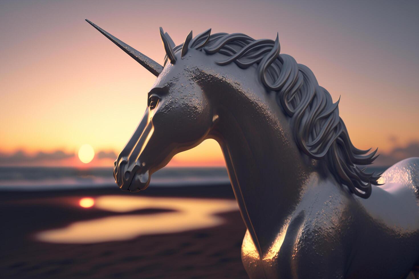 A close up of a unicorn statue on a beach, photo