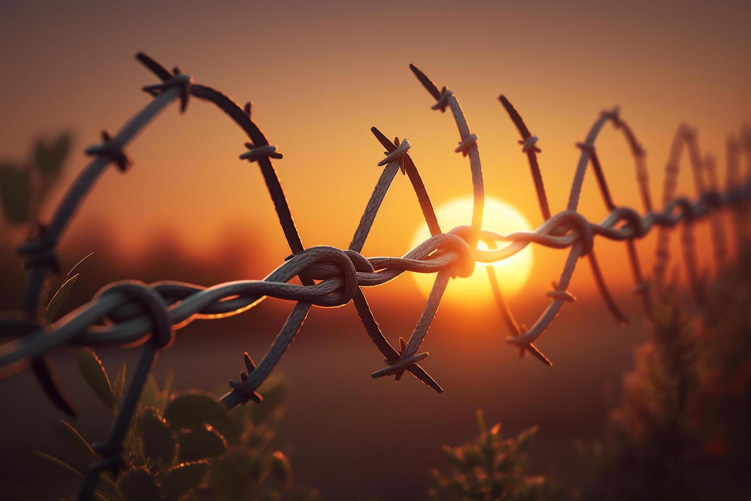 The sun is setting behind a barbed wire fence, photo