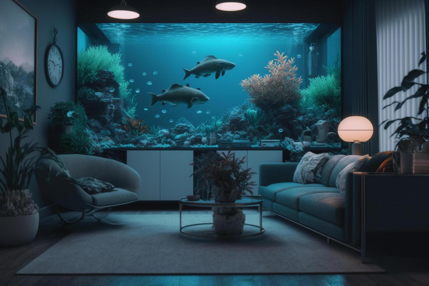 A living room filled with furniture and a large aquarium, photo