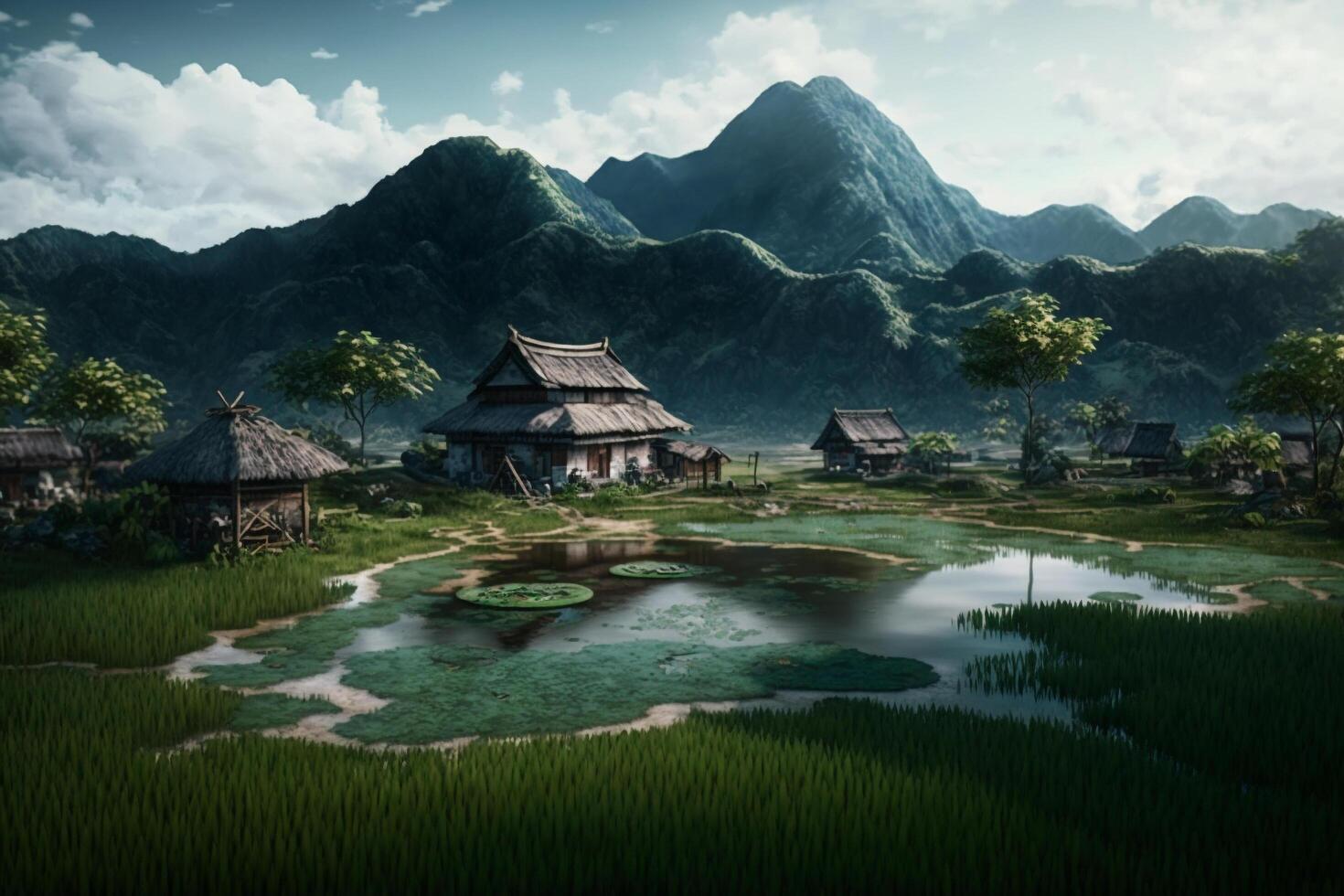 A small village in front of a large mountain, a painting of a rice field with mountains in the background, photo